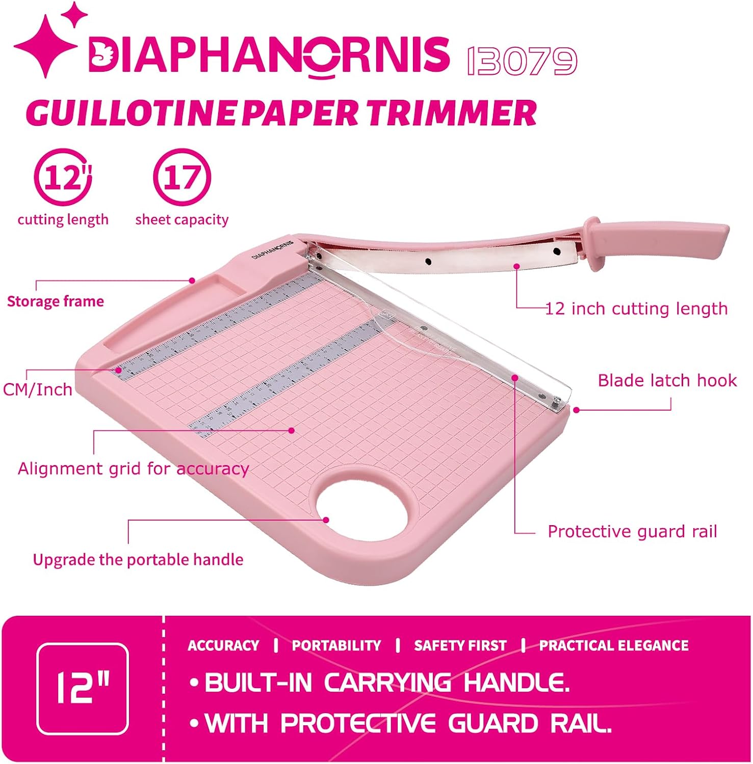 12" Paper Cutter, Precision Cut with Safety Protection and Blade Lock, 12 Sheet Capacity, Great for Cardstock, Cardboard, Photo, Vinyl, Crafts, Scrapbook (Pink)