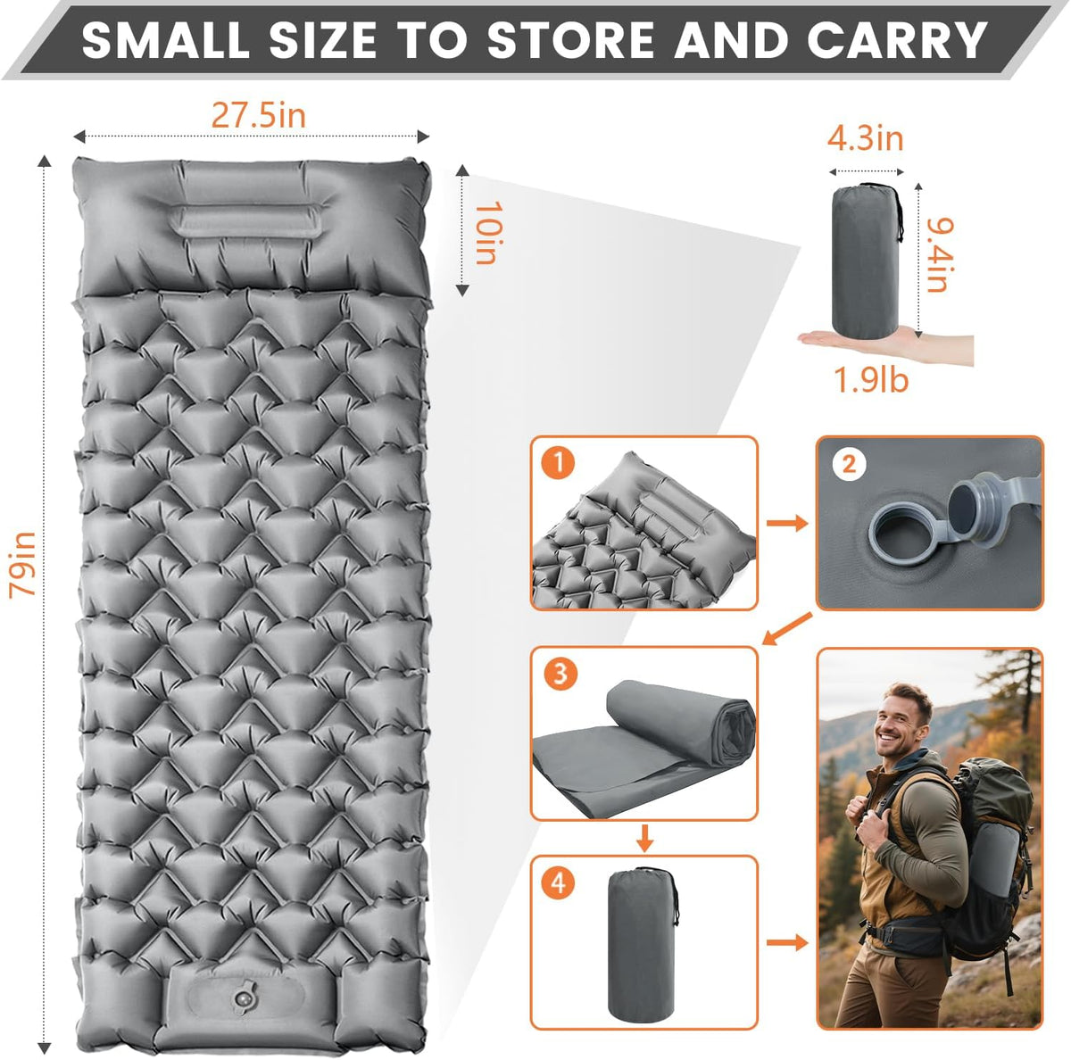 4 Inch 1.9 lb Backpacking Sleeping Pad with Fast Foot Pump