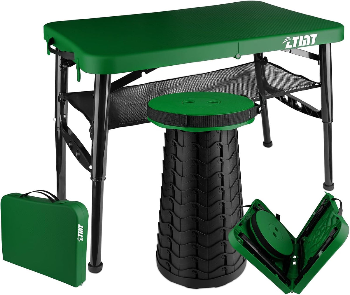 Folding Table and Stool, Small, Black, 4 Foot Outdoor Portable Table, Adjustable Height, Camping, Picnic, RV Table, 55lbs Load-Bearing, Lightweight