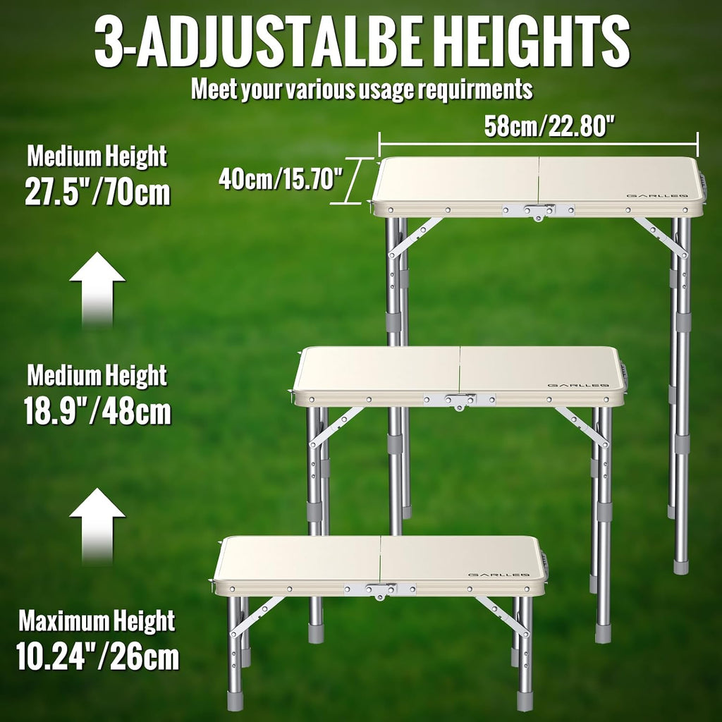 GARLLEN Folding Camping Table with Waterproof Tabletop, 3 Height Max 27.5"