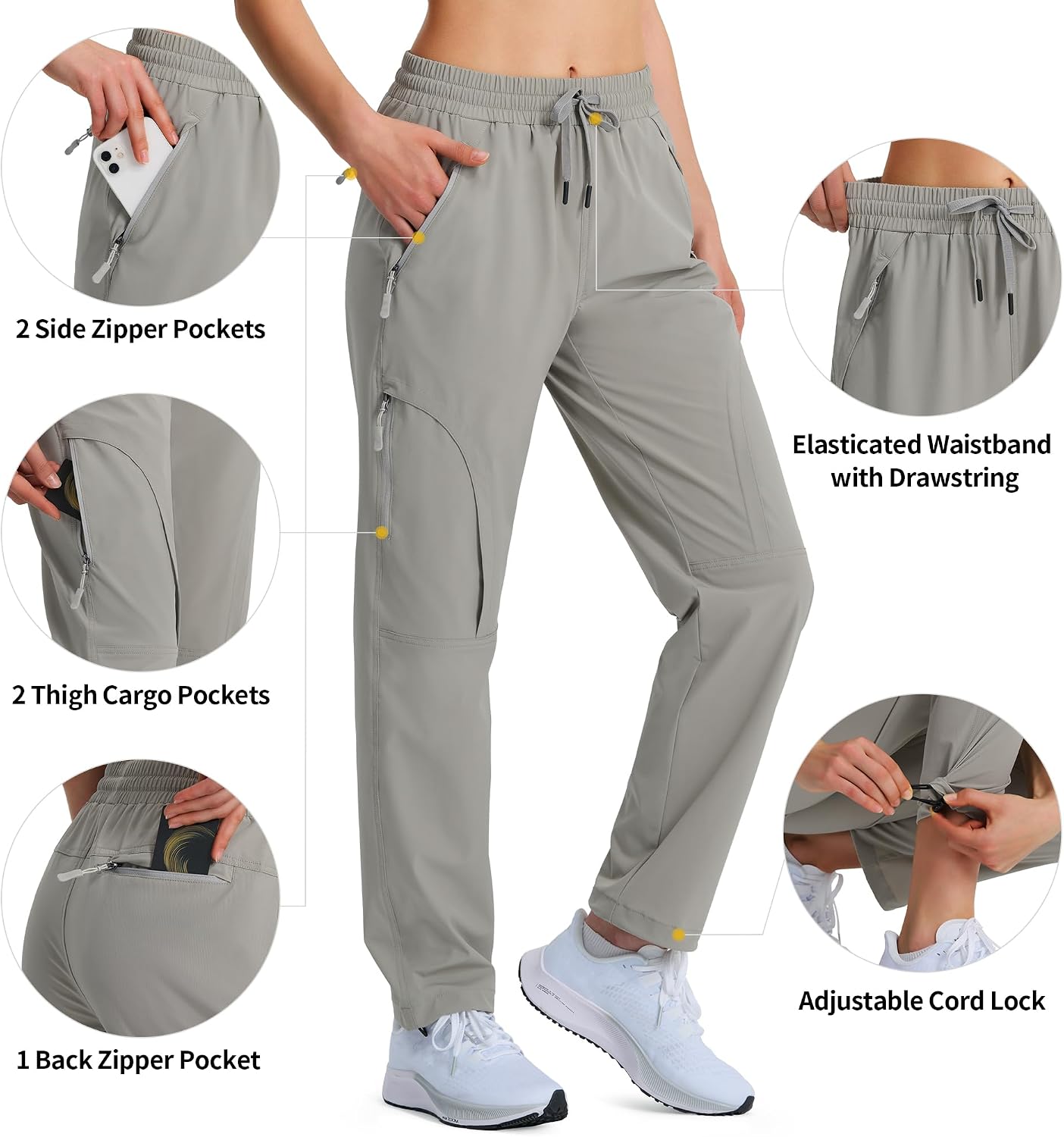 Hugut Women's Lightweight Hiking Cargo Safari Pants with Zipper Pockets