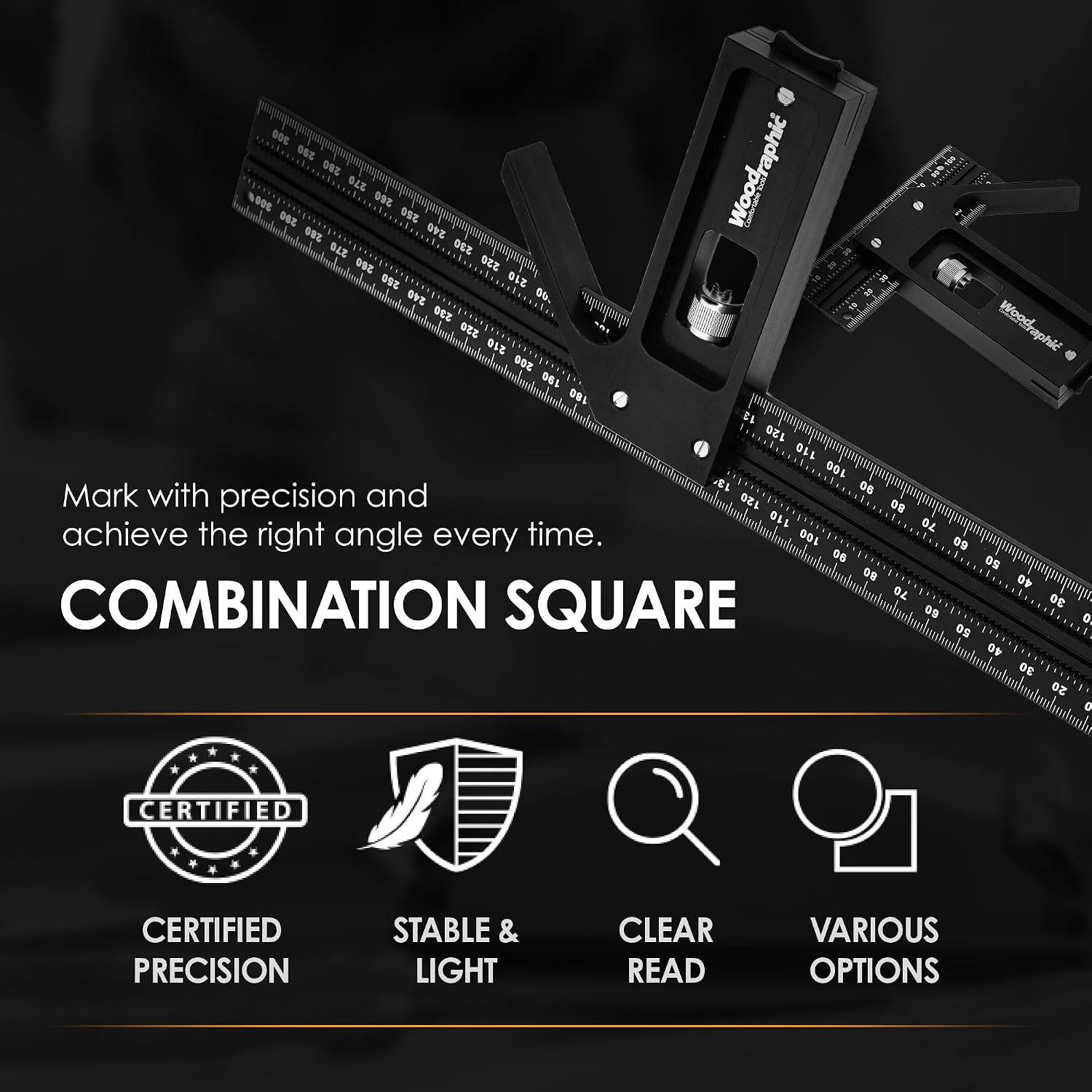 Combination Square for Woodworking – 8 Inch Triangle Ruler with Side Scale | CNC-Machined Aluminum Precision Layout Tool | 90 Degree Right Angle Framing & Marking Square