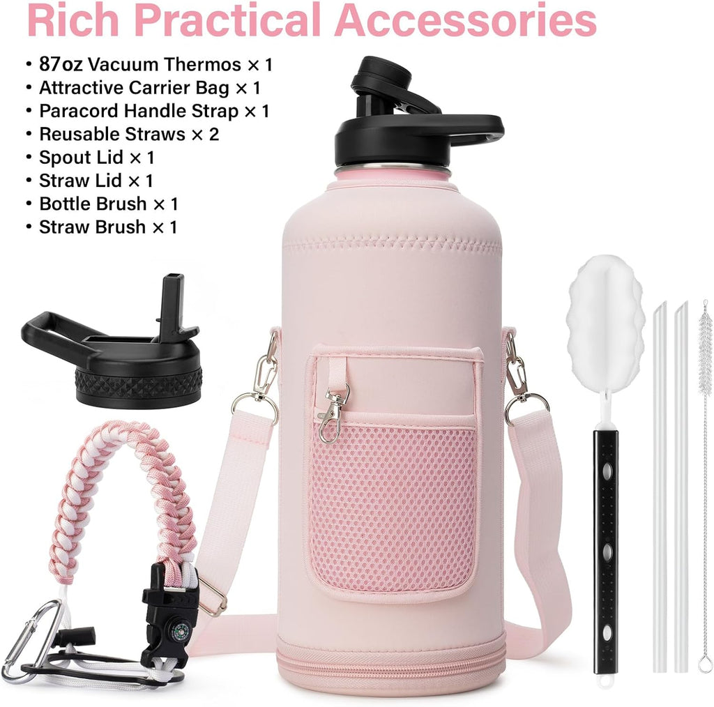 DYSANKY Insulated Water Bottle | Thickened Stainless Steel for Gym and Hiking with Straw, Carrier Bag, Handle Strap | BPA-Free 87 oz