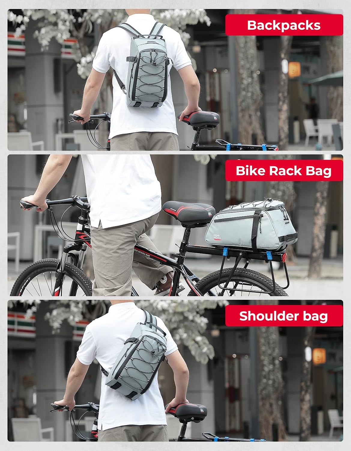 KEMIMOTO 3-in-1 Rear Bike Bag, 11L Convertible Backpack/Shoulder Bag, Gery