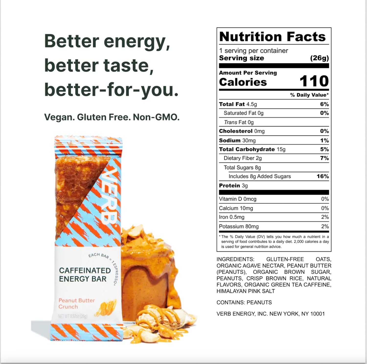 Verb Caffeinated Energy Bars Peanut Butter Cookie (26g, Pack of 16)