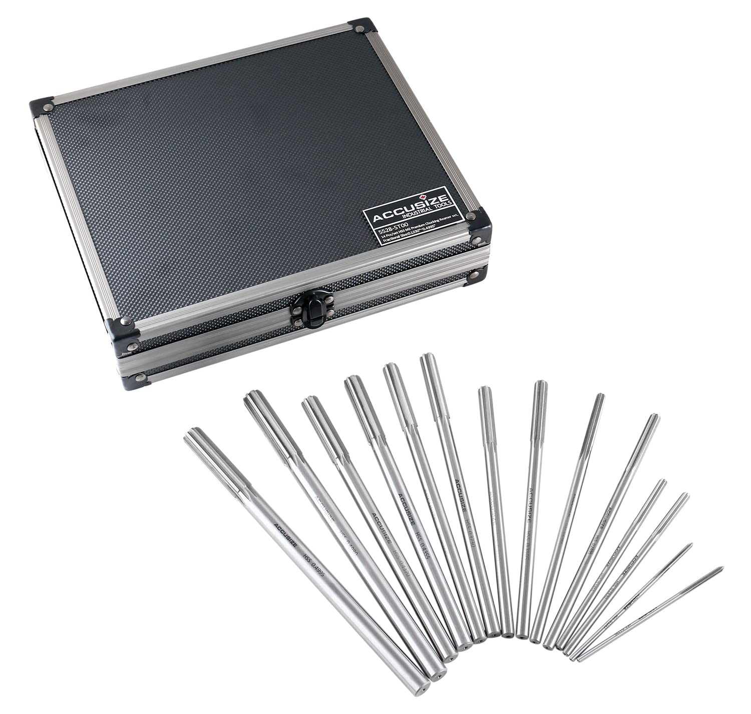 Accusize Industrial Tools Dowel Pin Reamer Size: 0.1230" Thru 0.4995", HSS M2 Premium Chucking Reamer Set, Right Hand Cut, 14 pcs Set, 5528-ST00