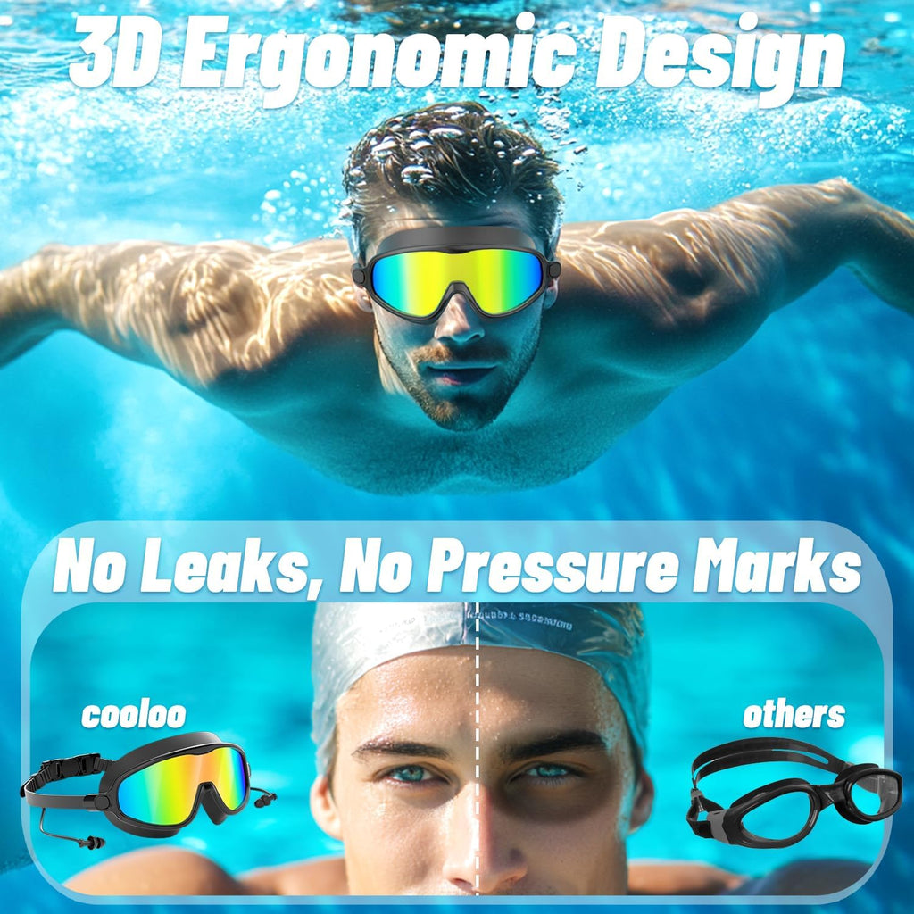 COOLOO Swim Goggles, 2 Pack Wide View Swimming Goggles for Men Women Youth
