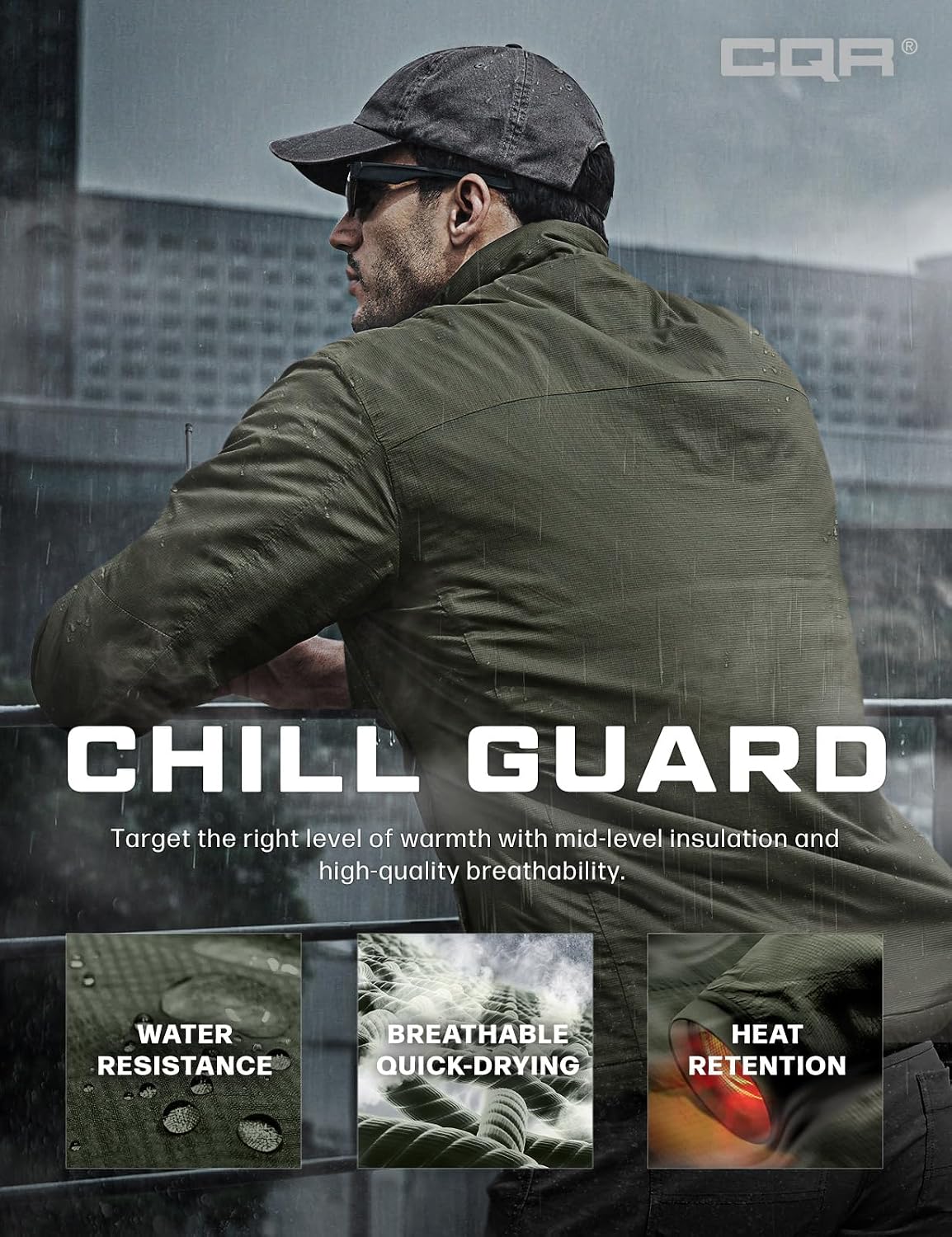 CQR Men's Lightweight Warm Insulated Jacket, Windproof Water Resistant Winter Active Coat for Hiking Work Outdoor Tactical