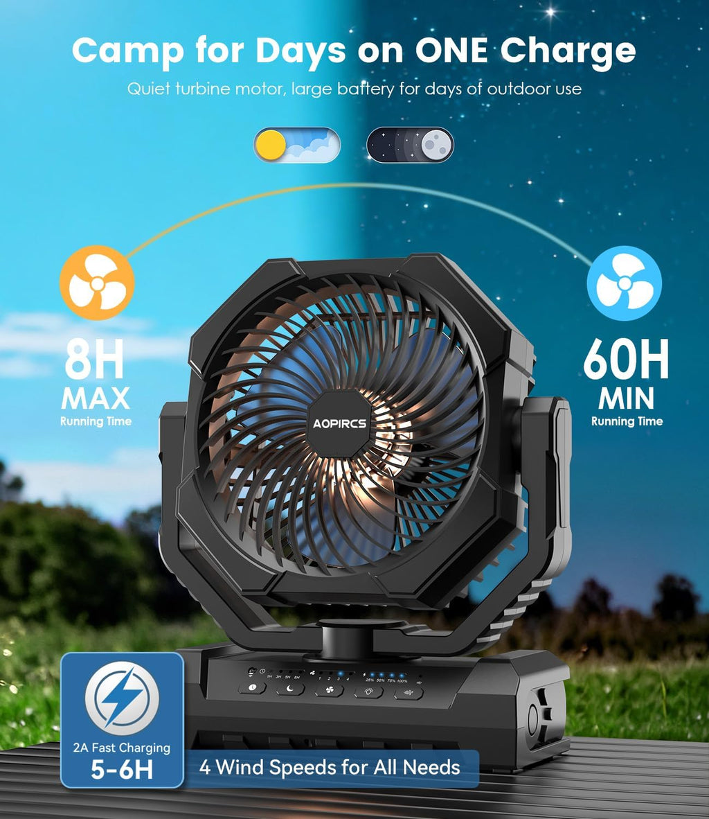 Camping Fan Rechargeable, 24000mAh Battery Powered Fan with LED Light, Hook