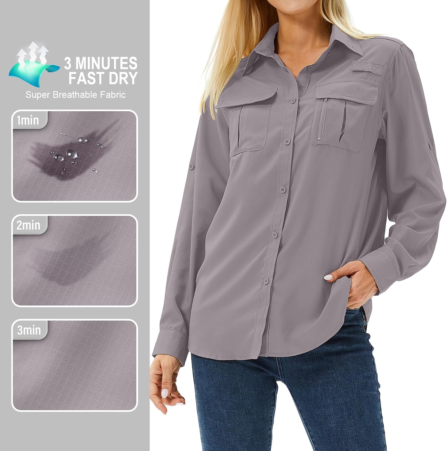 Women's UPF 50 Long Sleeve Sun Protection Safari Fish Hiking Shirts