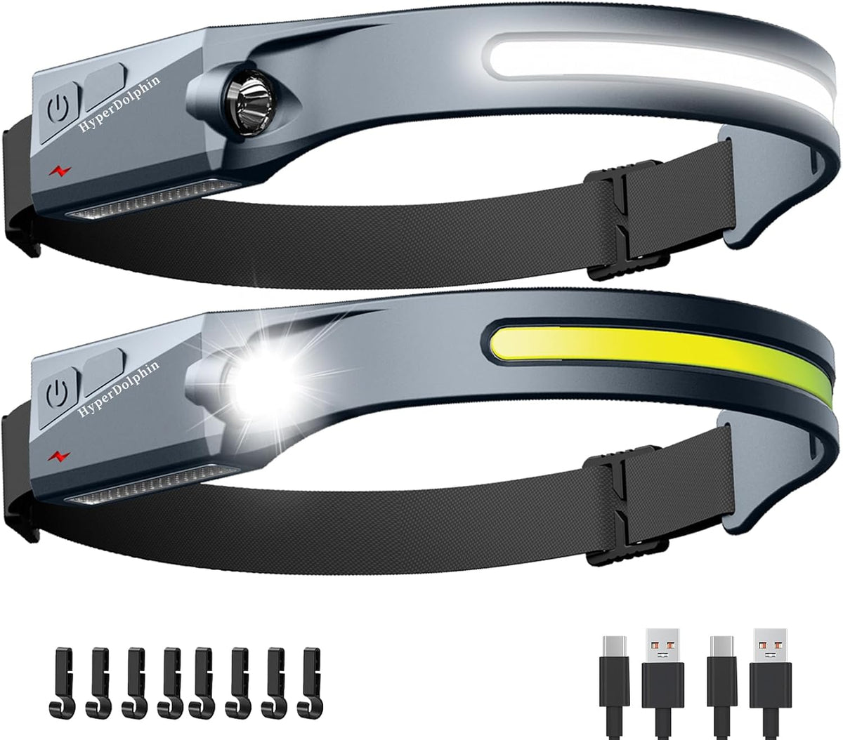 Headlamp Rechargeable LED (2-Pack, Gray) 230° Wide Beam, USB-C Lightweight Head Lamp, Long Runtime, Water-Resistant for Camping, Hiking, Running, Fishing, Repair Work
