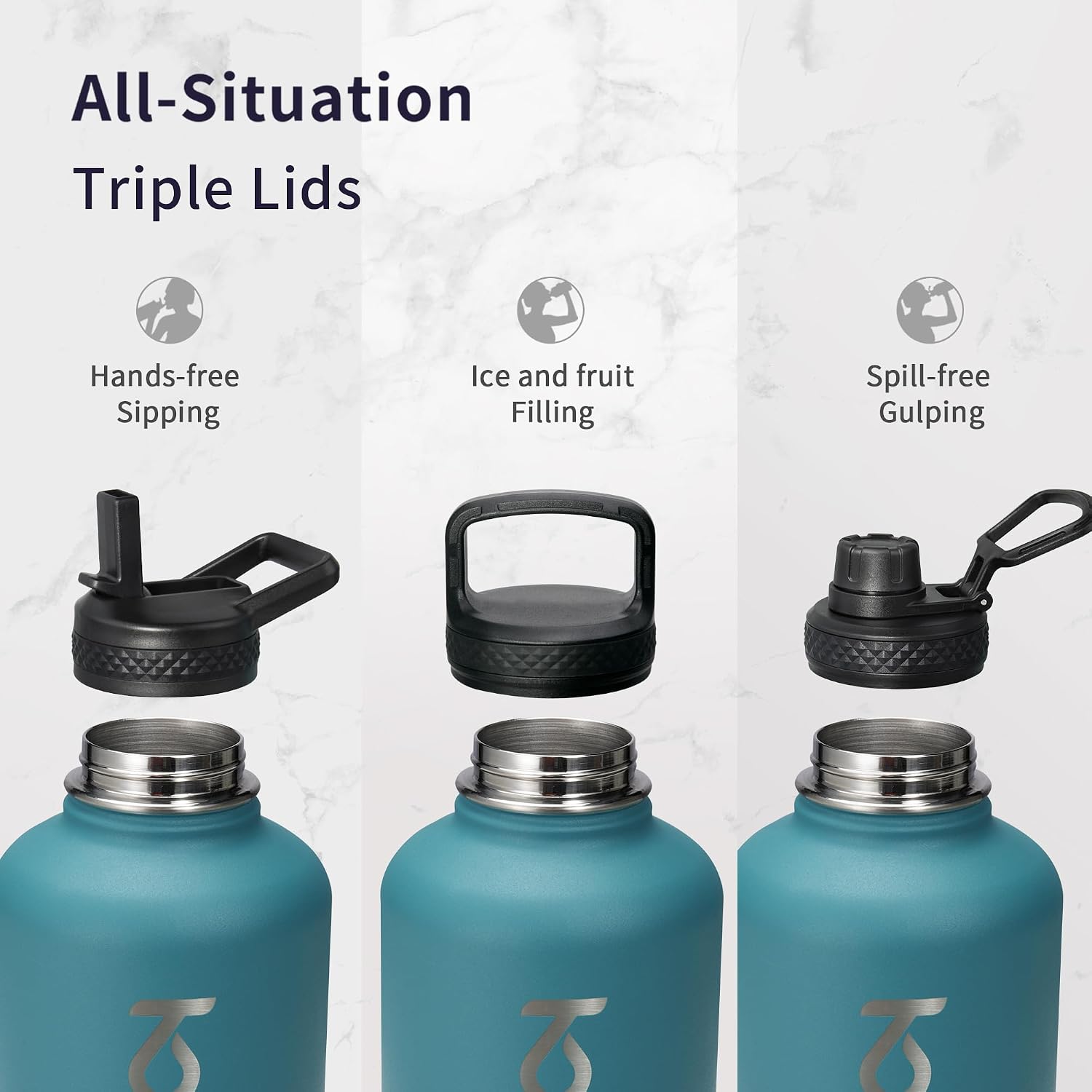 Trebo 64 oz Water Bottle Stainless Steel with 3 Lids, Paracord Handle & Bag