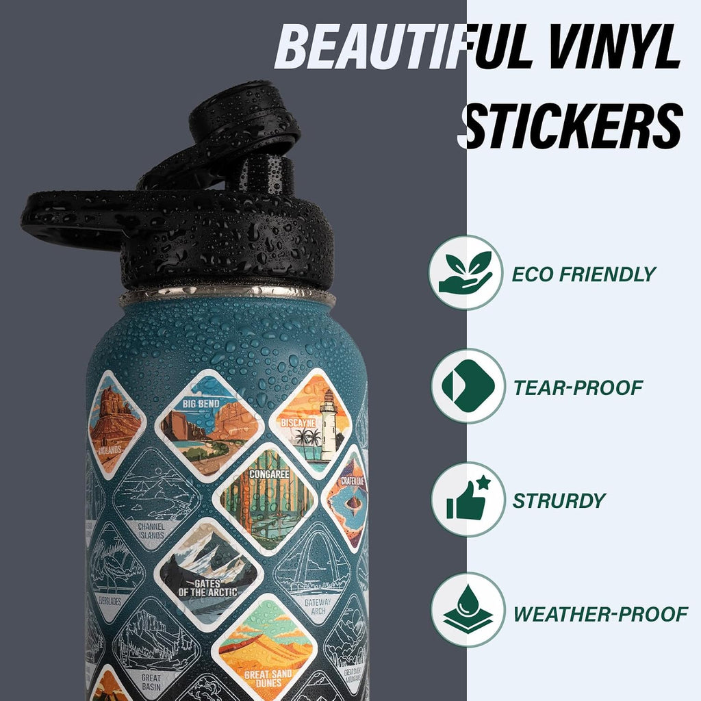 DYSANKY National Parks Water Bottle – 32 oz Insulated Stainless Steel Bottle with 63 Hand-Drawn Park Stickers, Carrier Bag, Strap & Gift Box – BPA-Free – Ideal for Hiking, Camping & Travel