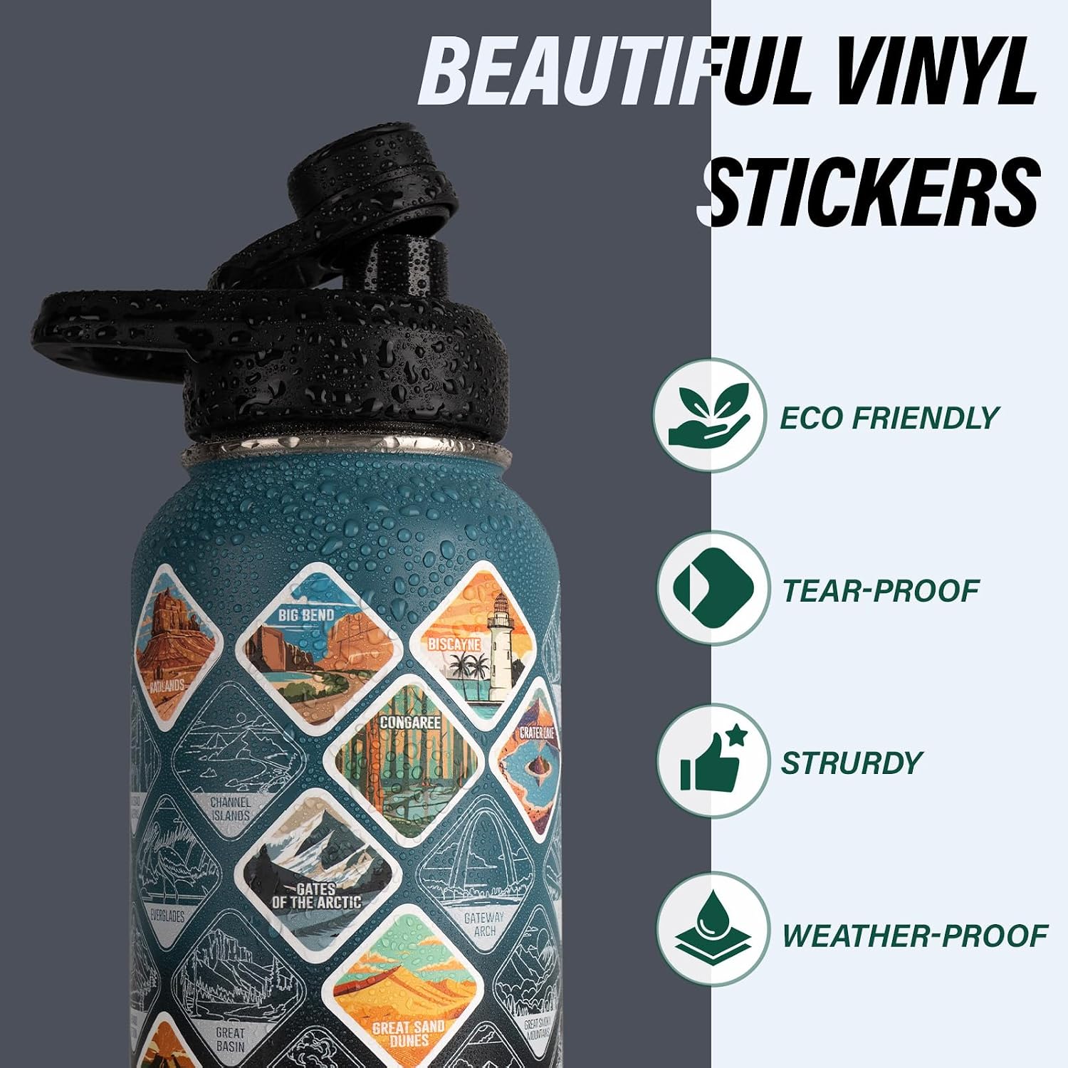 DYSANKY National Parks Water Bottle – 32 oz Insulated Stainless Steel Bottle with 63 Hand-Drawn Park Stickers, Carrier Bag, Strap & Gift Box – BPA-Free – Ideal for Hiking, Camping & Travel