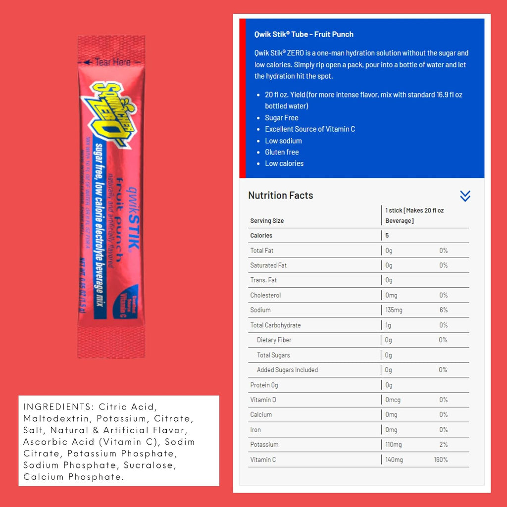 Sqwincher Zero Qwik Stik - Single Serve, Sugar Free, Low Calorie, Low Sodium Electrolyte Replacement Powder Hydration Drink Mix, 0.11 oz Packet | MIXED FLAVORS - Pack of 40