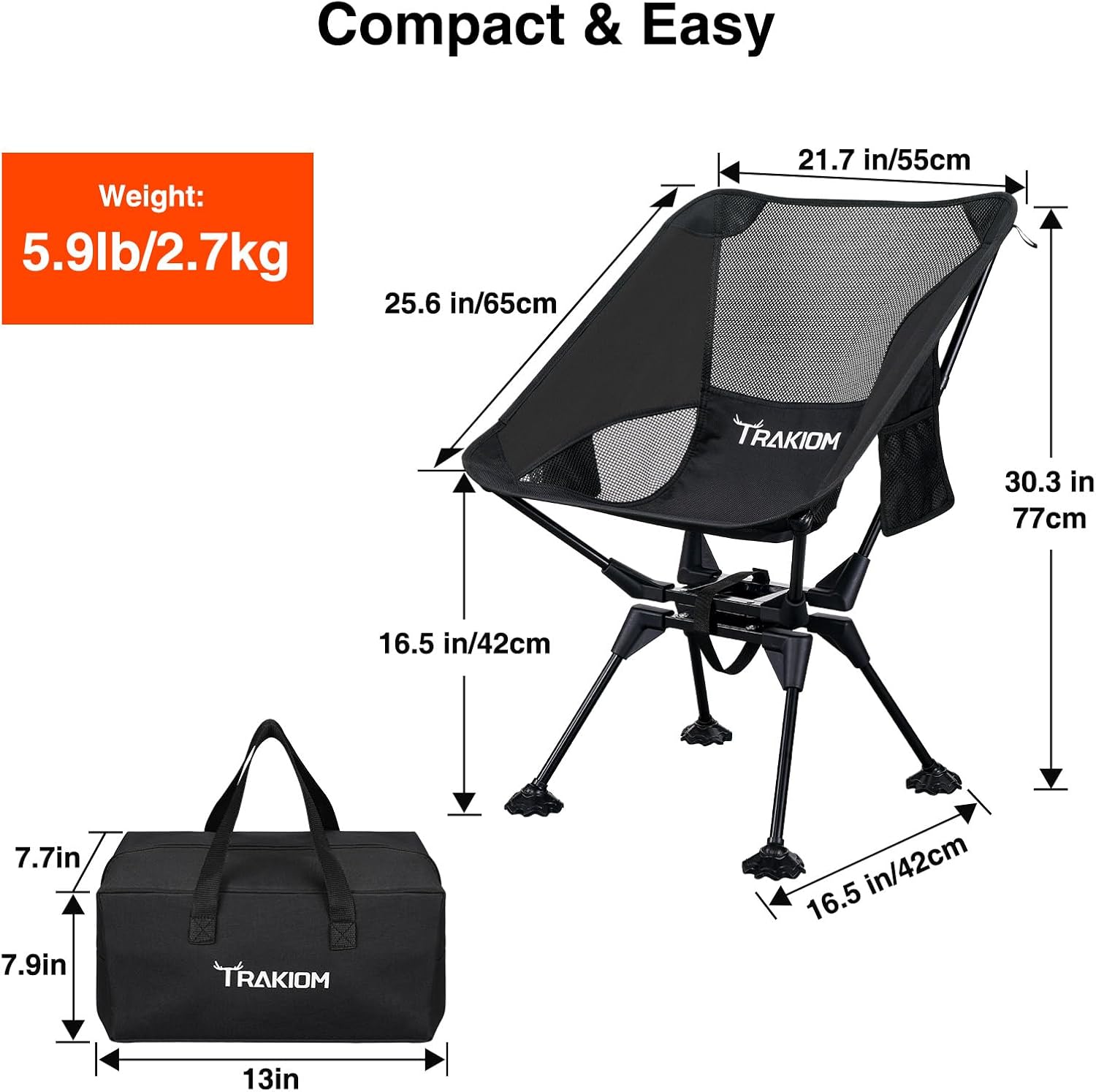 Trakiom 360 Swivel Folding Camping Chair Mesh Back Anti Sink 300 LBS
