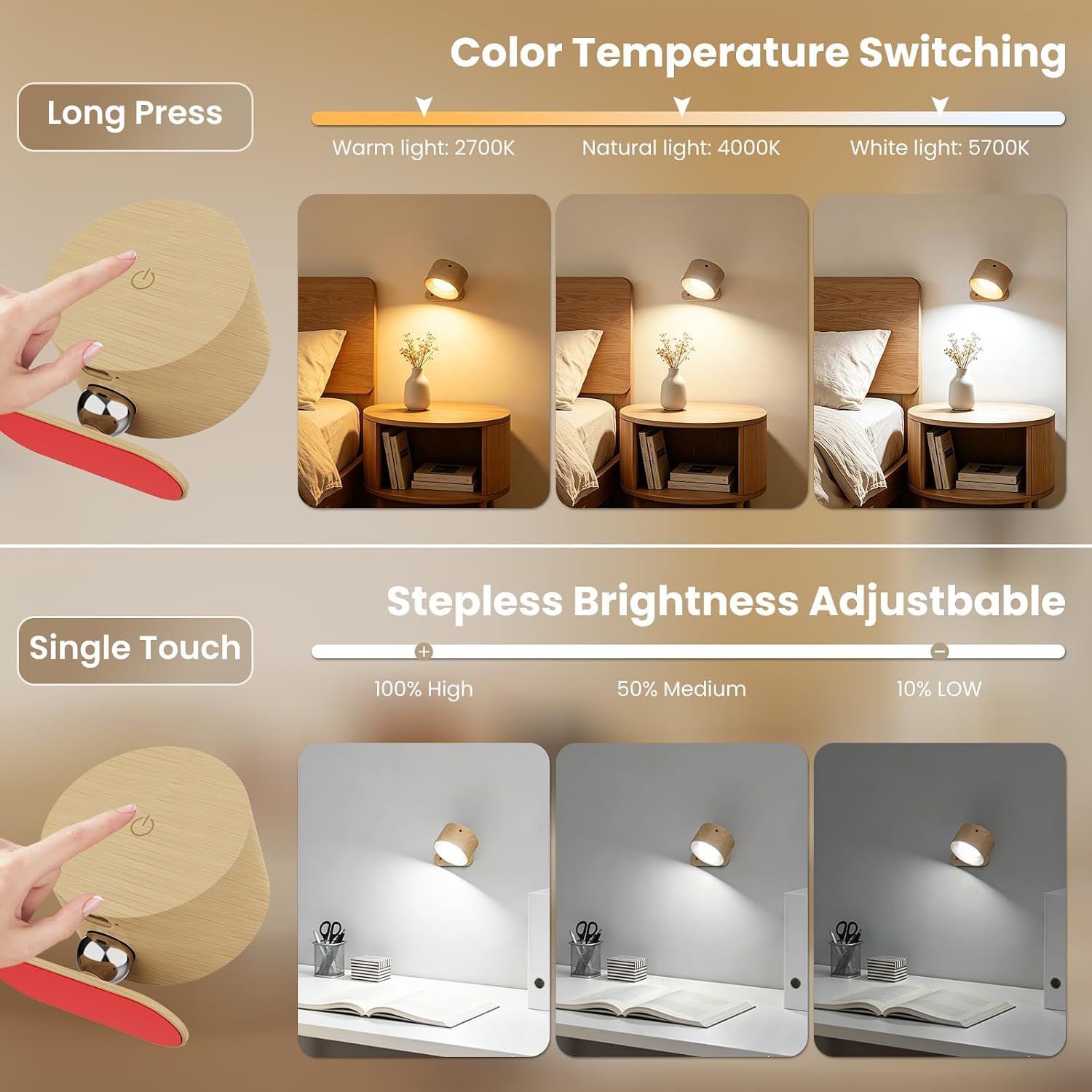 AKSDA 3Pack Battery Operated Wall Sconce, 3 Color Modes 3 Brightness Levels 360°Rotation Lighting Timer Touch & Remote Control, Wall Mounted Lamp LED Wall Lights for Bedroom Reading Bedside (Wood)