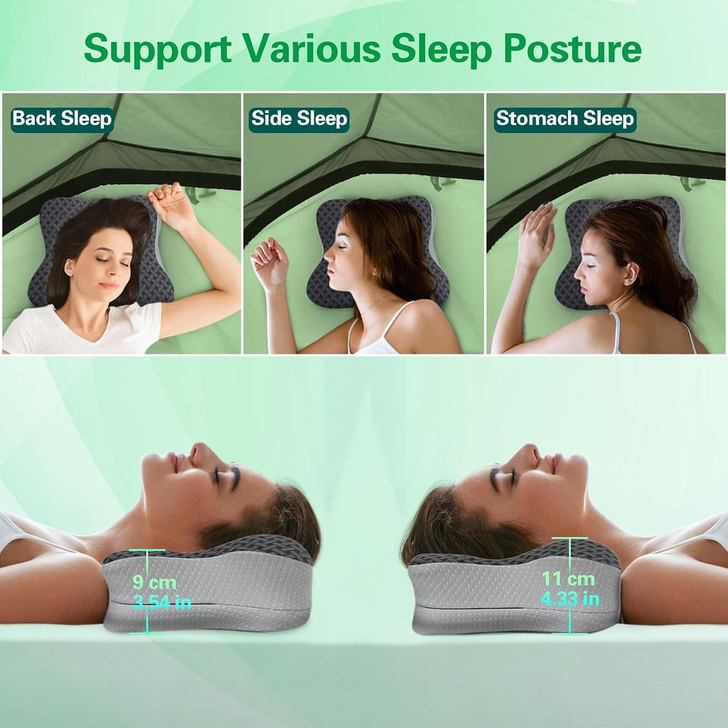SAHEYER Travel Pillow for Sleeping, Ergonomic Cervical Neck Support Pillows, Lightweight Memory Foam Travel Pillow for Camping, Backpacking, Hammock - with Travel Storage Bag and Cooling Cover, Black