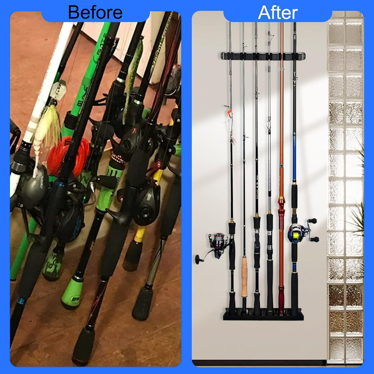 2-Set Vertical Fishing Rod Holders Wall-Mounted Holds 12 Rods or Combos