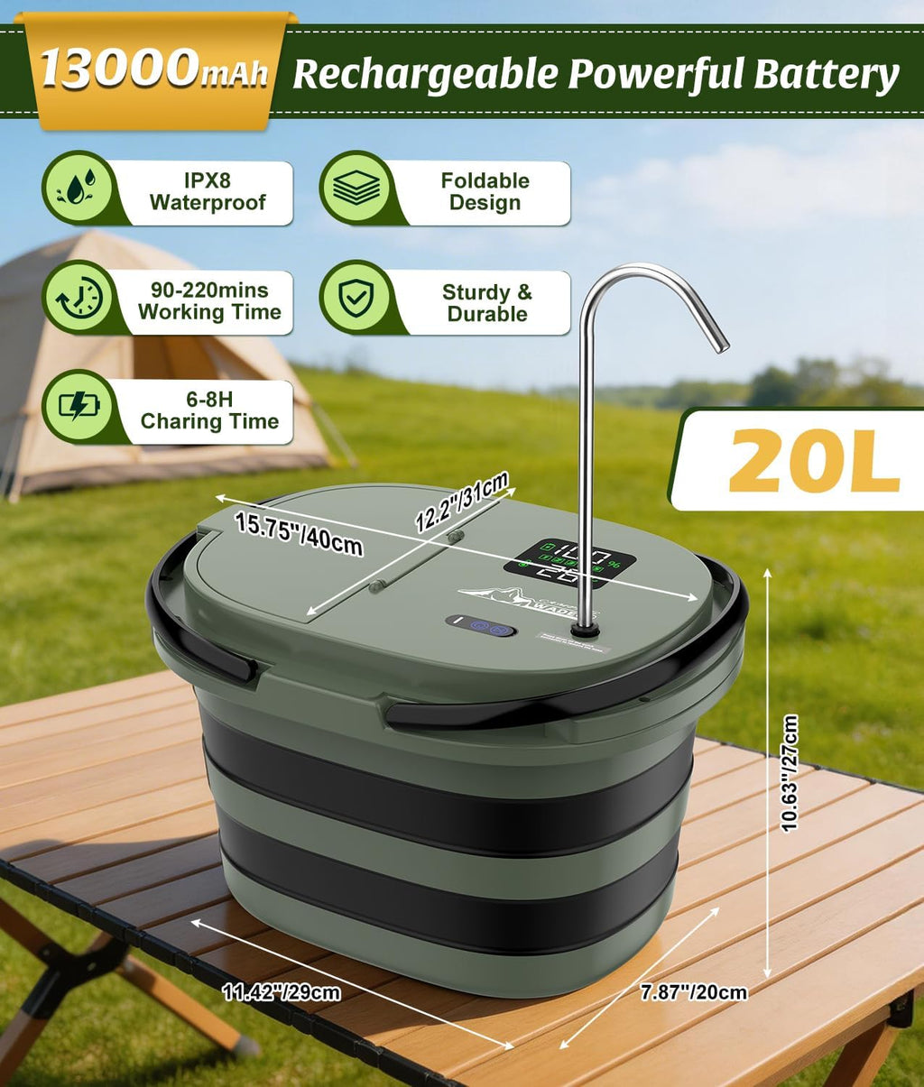 WADEO Portable Shower for Camping with 20L Bucket, 13000mAh Rechargeable