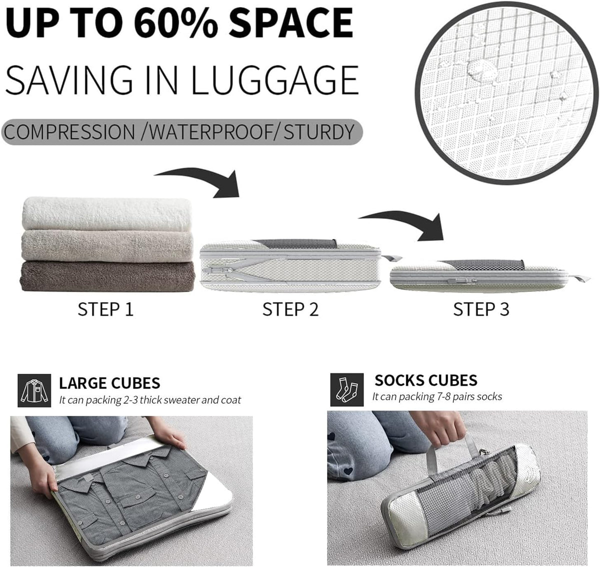 9-Set Packing Cubes with Hanging Bag | 9-Size Combination, Mesh Fabric & Reflective Stripe | Travel Luggage Organizers (Beige)