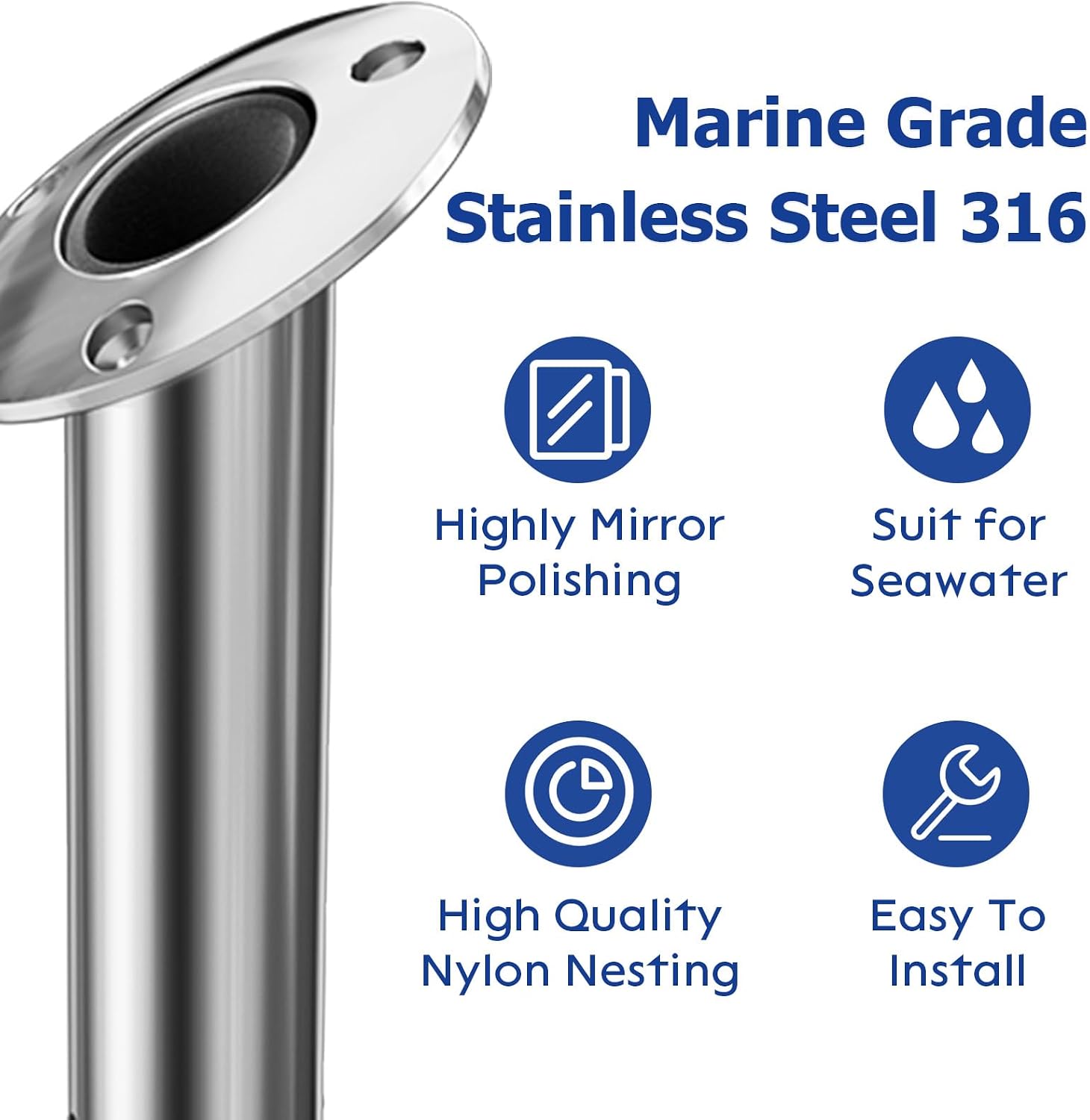 Fishing Rod Holder 2 Pack, 316 Stainless Steel 15/30/90 Degree Rod Holders for Fishing Boat, Flush Mount with Cap, Heavy Duty