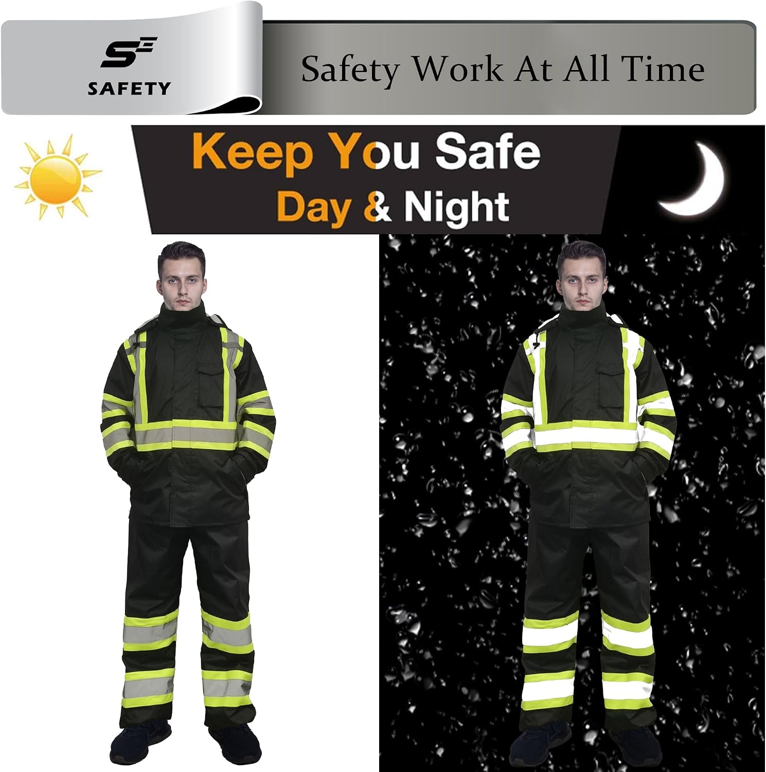 sesafety Hi Vis Rain Jacket, Rain Suits for Men Waterproof withBlack Bottom