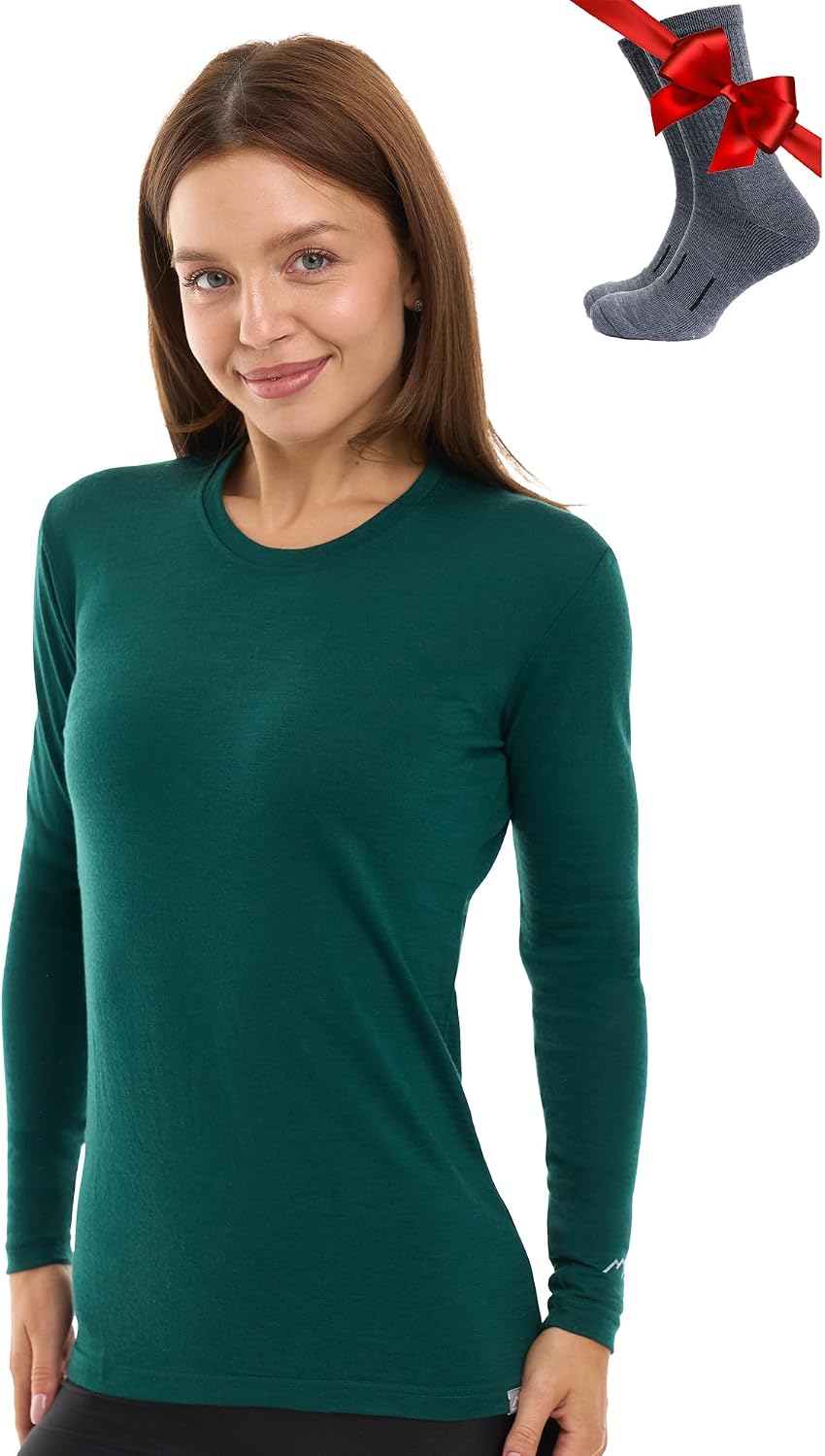 100% Merino Wool Base Layer Women - Long Sleeve Thermal Shirt with Socks