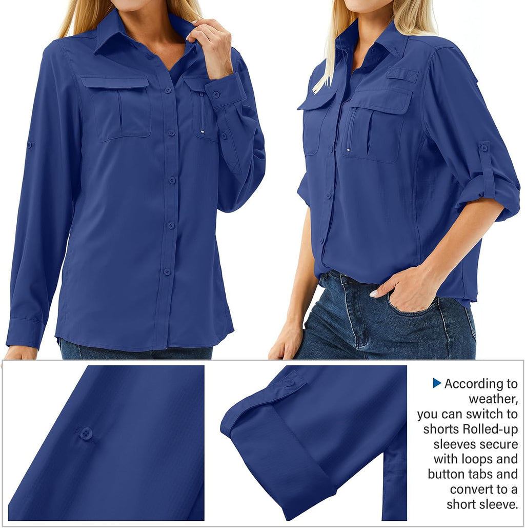 Women's UPF 50 Long Sleeve Sun Protection Safari Fish Hiking Shirts