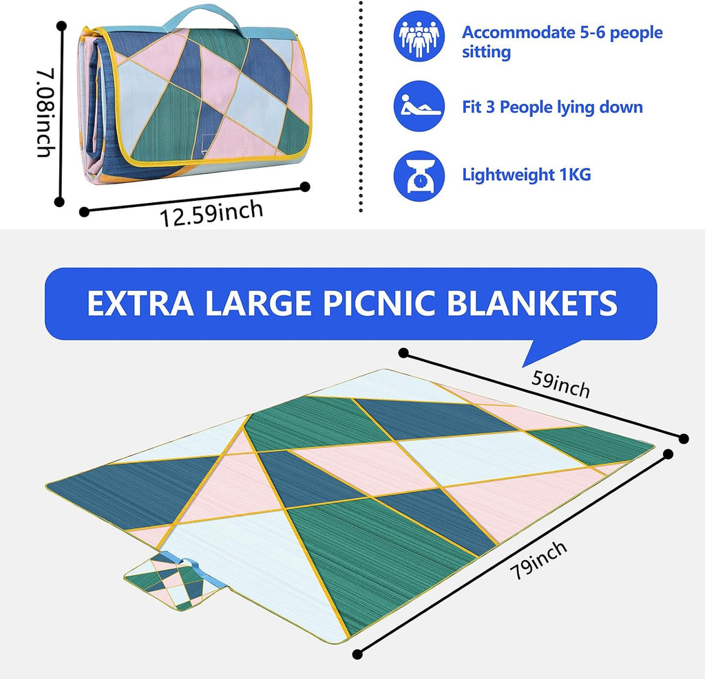 DanCoom Picnic Blanket, Foldable Waterproof Sand Mat, Extra Large Picnic Blanket Outdoor Picnic Mat Beach Blanket for Park Grass Camping Hiking Travel Family Concerts
