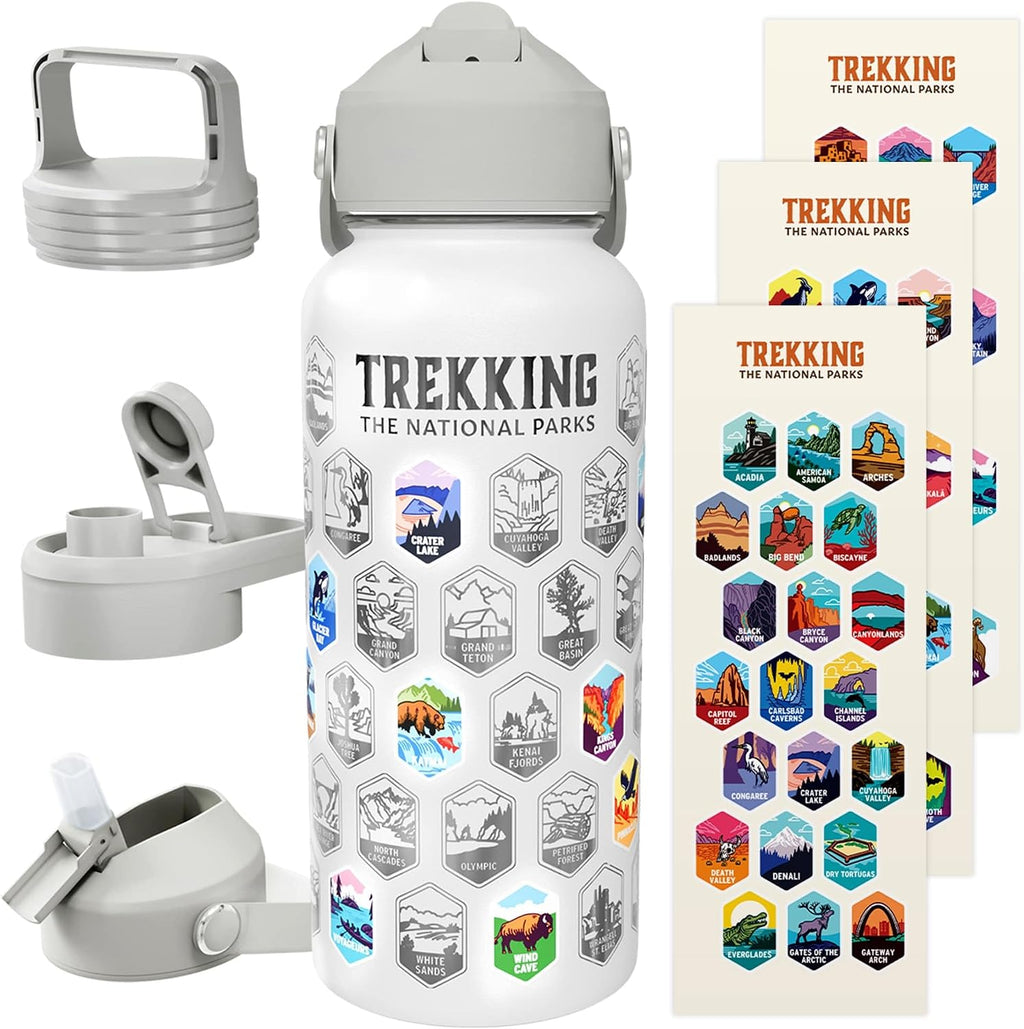 Trekking The National Parks Water Bottle with 63 Waterproof Stickers & 3 Lids (Straw, Spout, & Chug) | 32 Oz Insulated Wide Mouth Stainless Steel Bottle for Camping & Hiking | BPA-Free and Leak-Proof