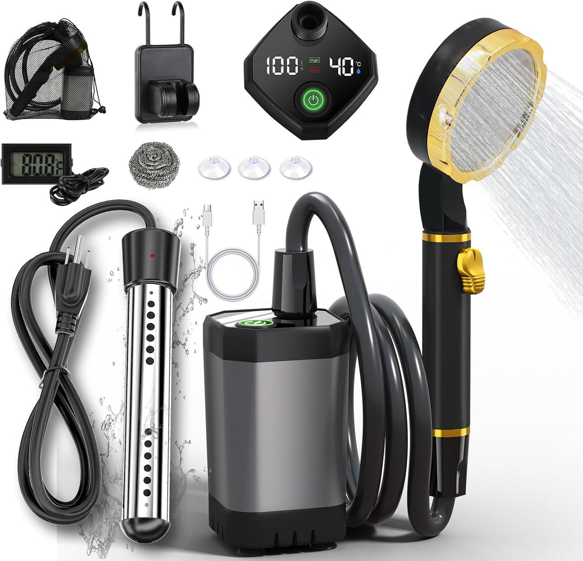 BSEED Portable Shower for Camping with Immersion Water Heater, 6000mAh Rechargeable Camping Shower with Intelligent LED Display, Outdoor Shower for Hiking, Travel, Pets & Car Washing, Wartering Plants