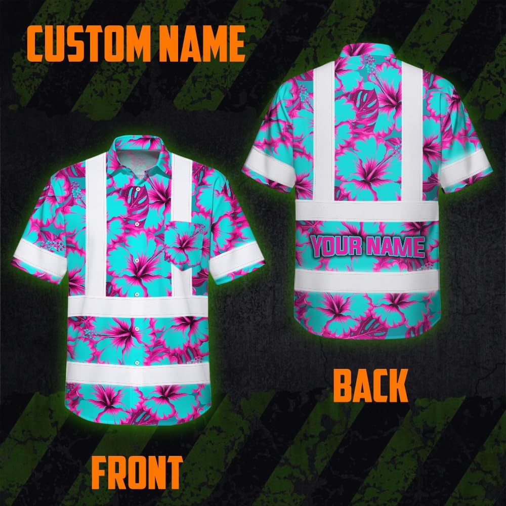 High Visibility Hawaiian Shirt for Men Tropical Shirts Custom Name Floral Outfit Reflective Safety Workwear