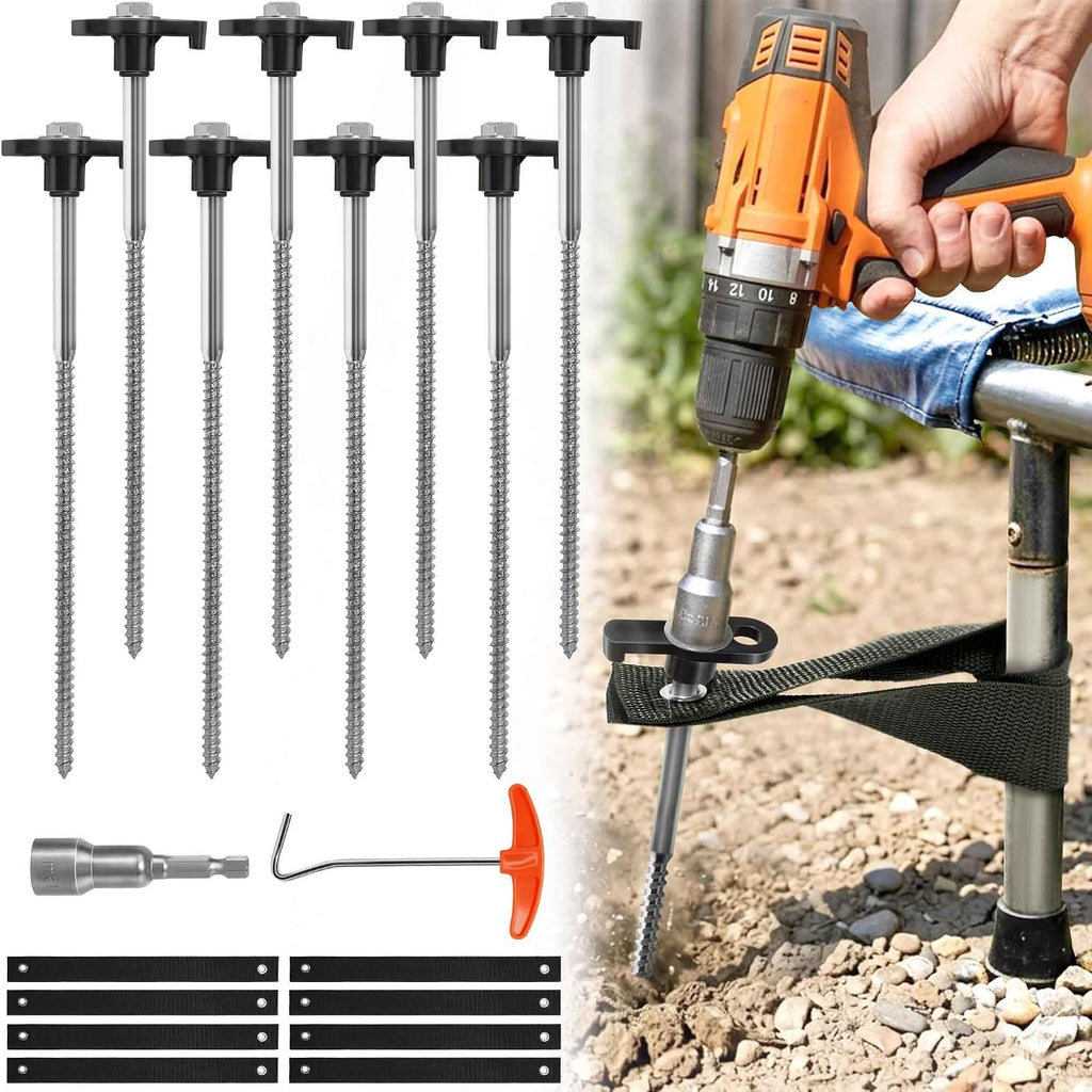 8-Pack GroundGrip Screw in Tent Stakes: 10 Inch Heavy Duty Ground Anchors