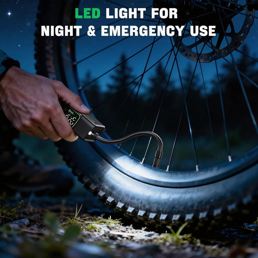 Electric Bike Pump, Fast-Inflation Mini Tire Inflator 150PSI with Gauge, Brushless Motor Rechargeable Cordless Air Pump for Presta & Schrader Valves, for Road/Mountain Bikes, Motorcycles, Balls