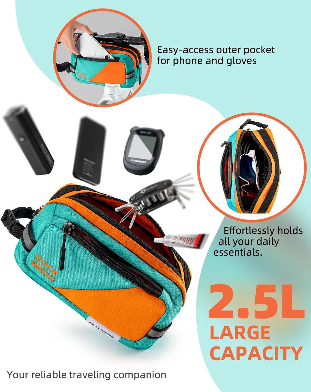 ROCKBROS Bike Handlebar Bag 2.5L 3-Strap Quick Release with Shoulder Strap