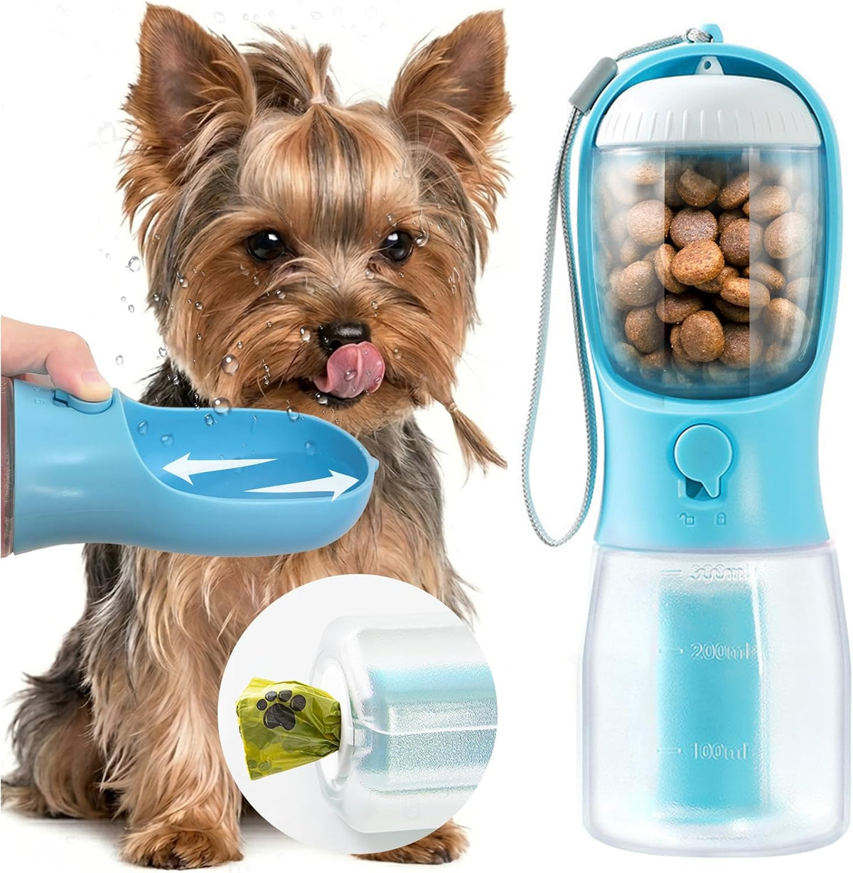 Portable Water Bottle for Small Dogs, 3 in 1 Pet Travel Bowl Dispenser with Food Treat Container & Poop Bag Holder, Summer Hiking Walking Accessories for Puppy On The Go - Pink, 10oz