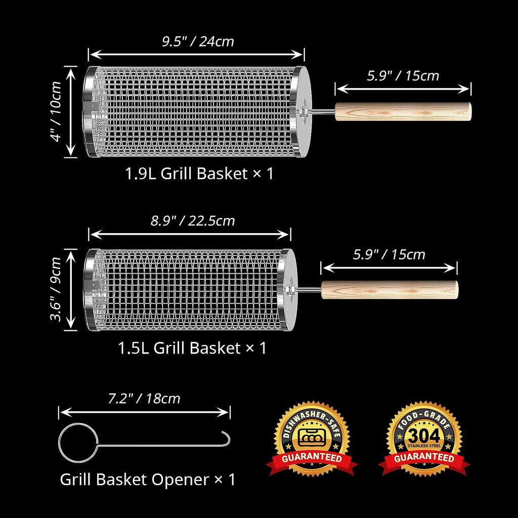ivtivfu Rolling Grill Basket, Removable Wooden Handle, Nesting BBQ Tools