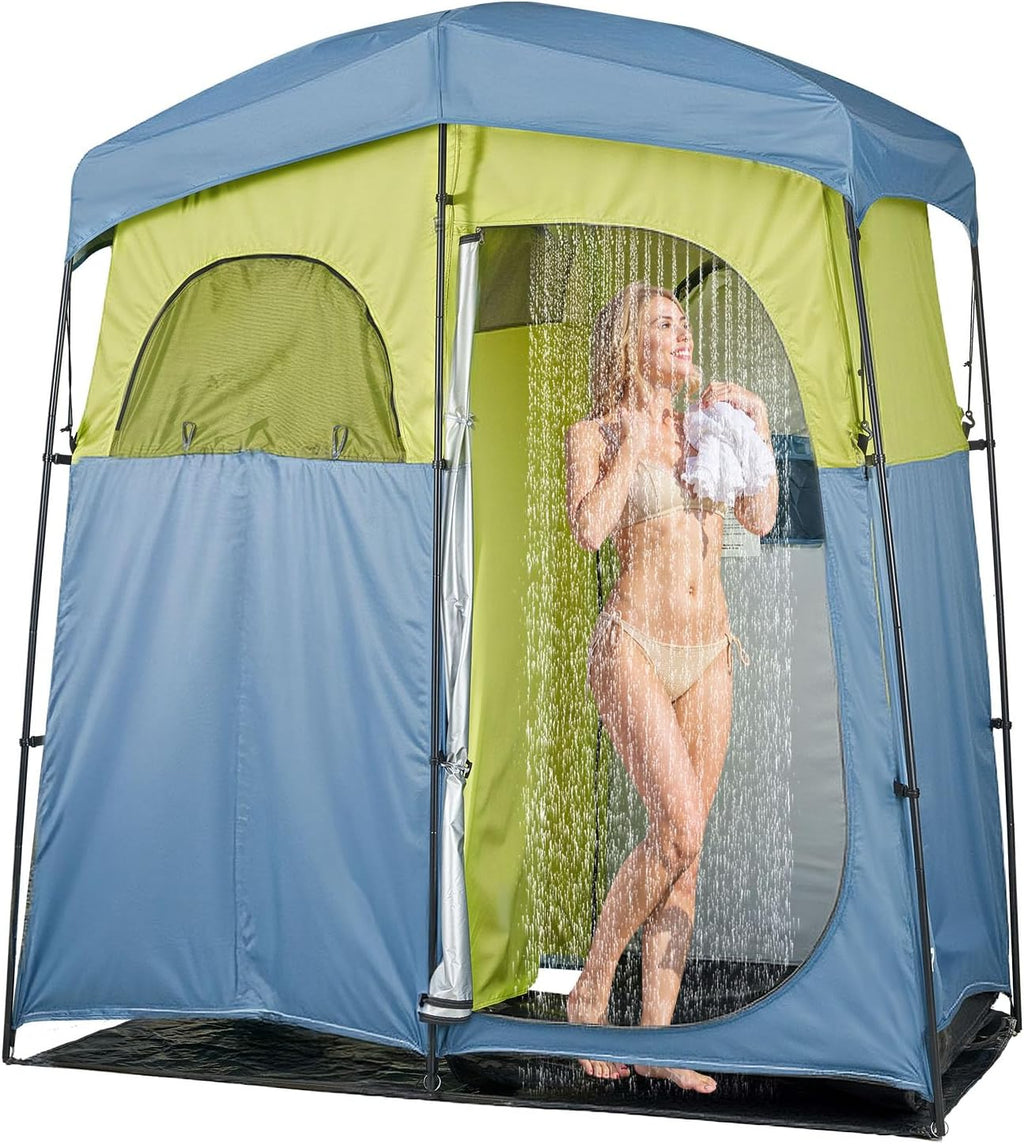 VEVOR Camping Shower Tent, 2-Room Portable Privacy Tent Changing Room with Shower Bag, Ground Stakes, Ropes, Carry Bag, and Support Poles, 150D Oxford Fabric with Silver Coating, for Camping, Fishing