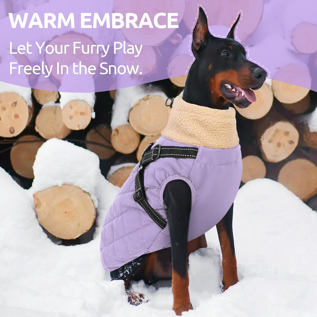 Queenmore Dog Winter Jacket Dog Coats for Large Dogs with Harness Built in