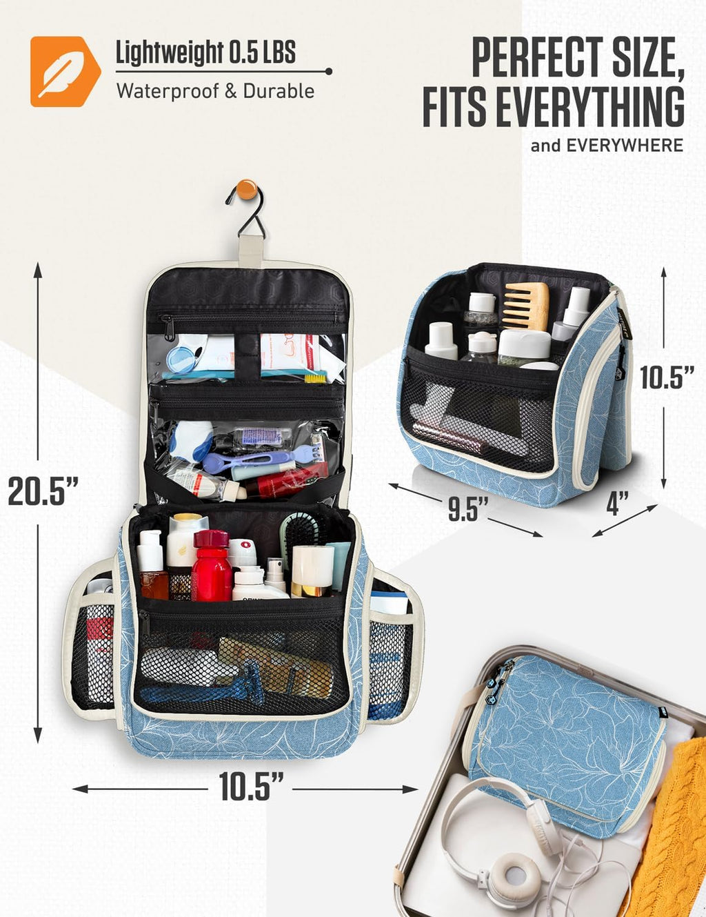 VENTURE 4TH Hanging Travel Toiletry Bag, 17 Compartments - Blue Flowers