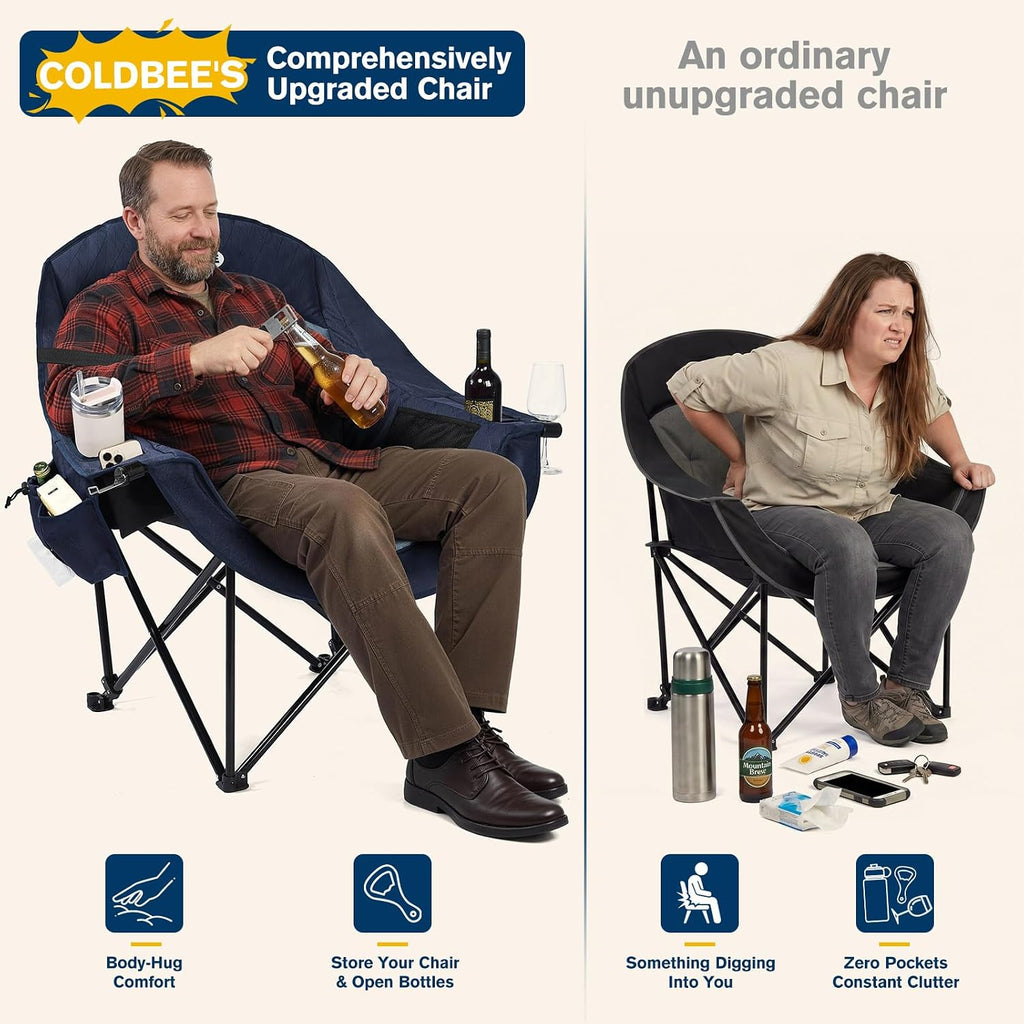 Coldbee Oversized Camping Chairs, Heavy Duty Padded, Thick Headrest, Blue