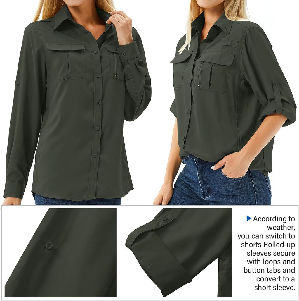 Women's UPF 50 Long Sleeve Sun Protection Safari Fish Hiking Shirts