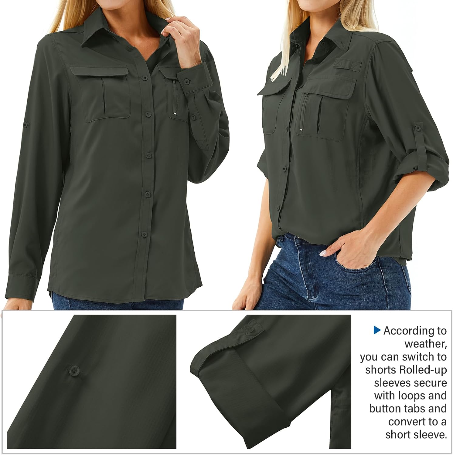 Women's UPF 50 Long Sleeve Sun Protection Safari Fish Hiking Shirts
