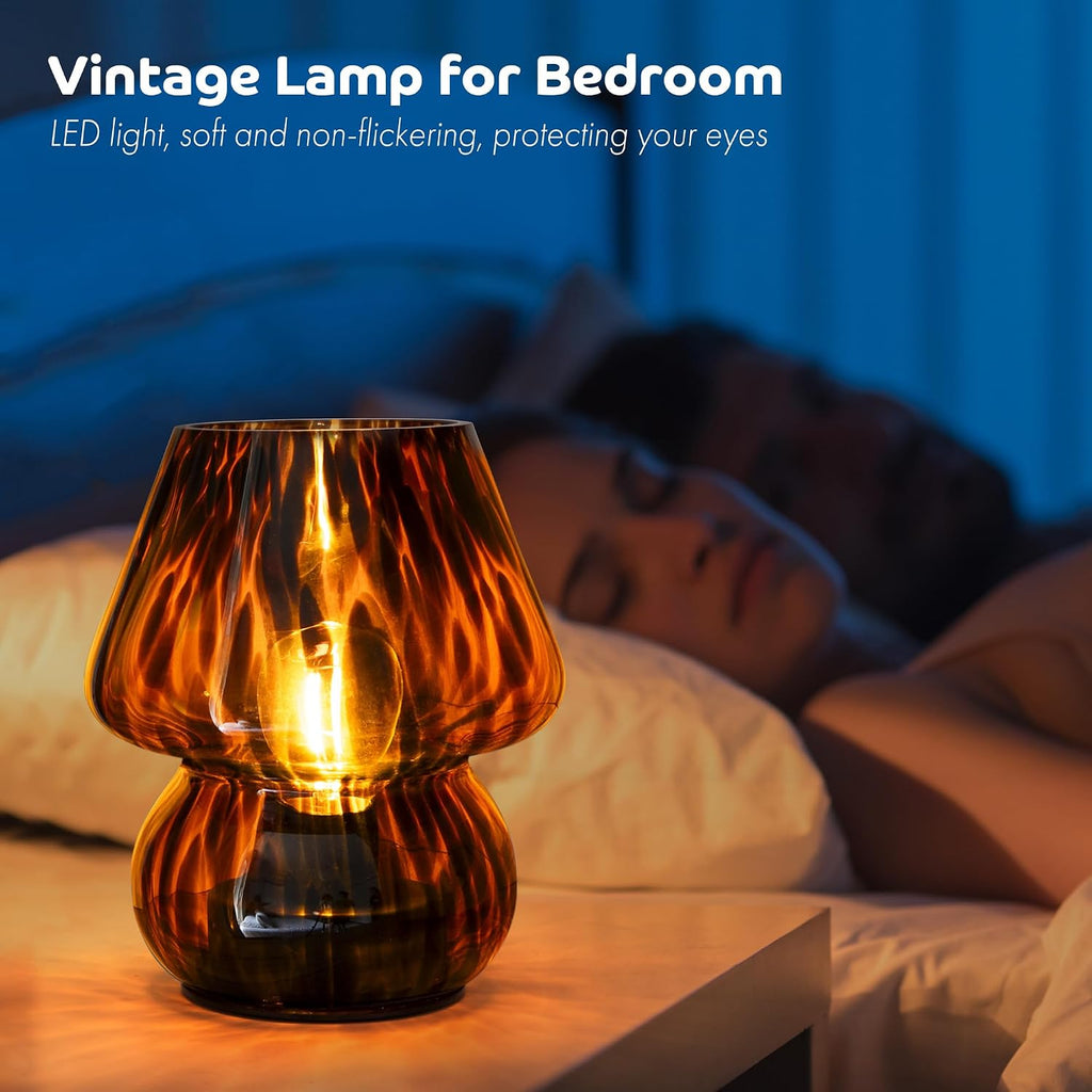 ULAROOM Battery Operated Mushroom Lamp - Vintage Small Table Lamp with Timer, Cordless Bedside Nightstand Lamp, Glass Battery Powered Lamp for Bedroom Kitchen Living Room Shelf Decor Aesthetic Amber