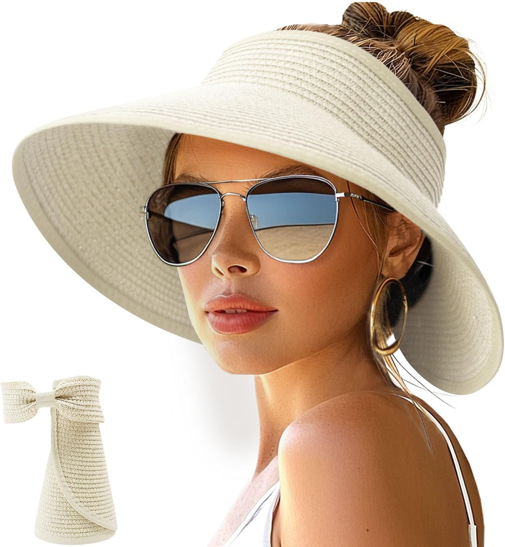 NPJY Sun Hats for Women Wide Brim Roll-Up Ponytail Packable Straw Visor