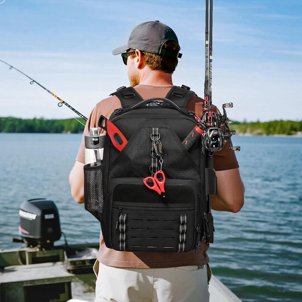 Fishing Tackle Backpack,Tackle Bags with 2 Rod Holders & 4 Tackle Boxes, Water-Resistant Large Tackle Bag Storage Bag for Fishing Gear, Fisher Gifts for Men, Black