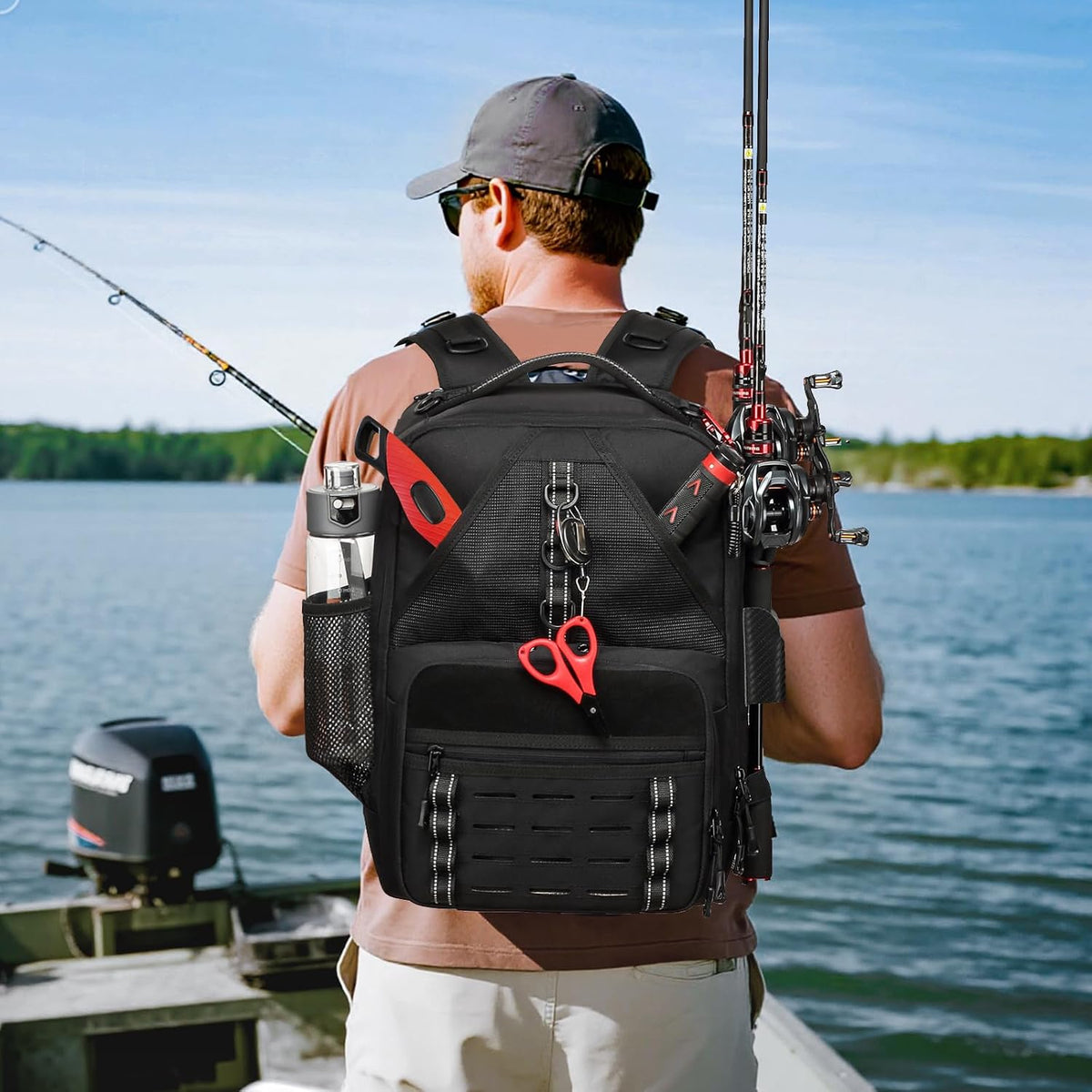 Fishing Tackle Backpack with 2 Rod Holders, Water-Resistant Fishing Gear Storage Bag, Tackle Bag for Fishing Equipment, Fisher Gifts For Men, Black