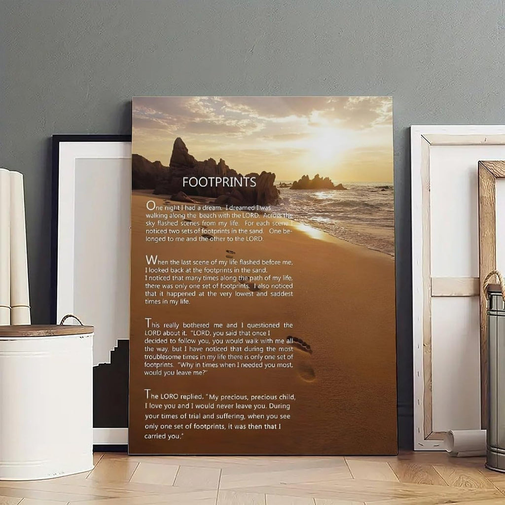 Footprints in the Sand Religious Canvas Wall Art Posters, Inspirational Beach Sunset Poem Print Poster (Framed 20x30inch, Footprints(2))