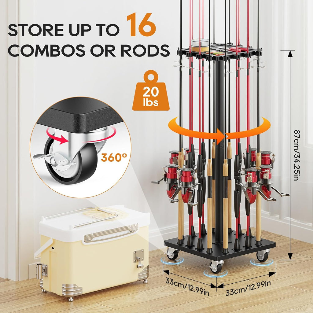 Fishing Rod Holder Rack with 360° Rotating Base – 16 poles Capacity,multi-purpose Rod Storage Rack,Easy Install & Durable Wooden Vertical Fishing Pole Holders for Ground,Black